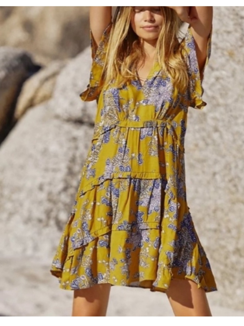 Anthropologie Robin Tiered Mini Dress Golden Yellow Small Ruffle Detail Sz Small